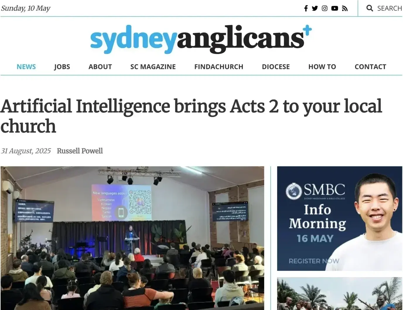 Sydney Anglicans article on Sunflower AI