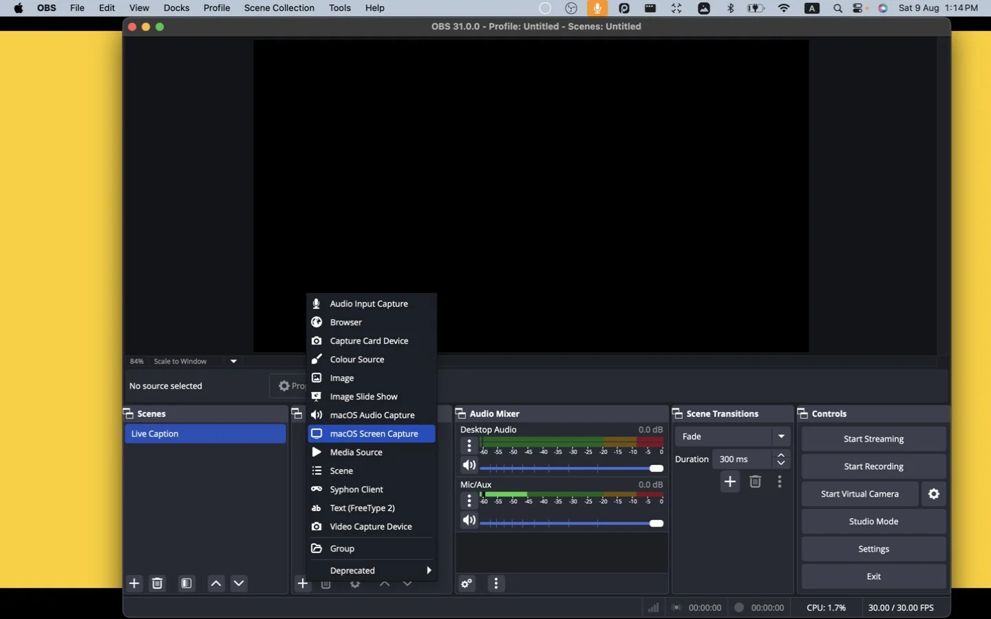 Selecting macOS Screen Capture from the Sources menu
