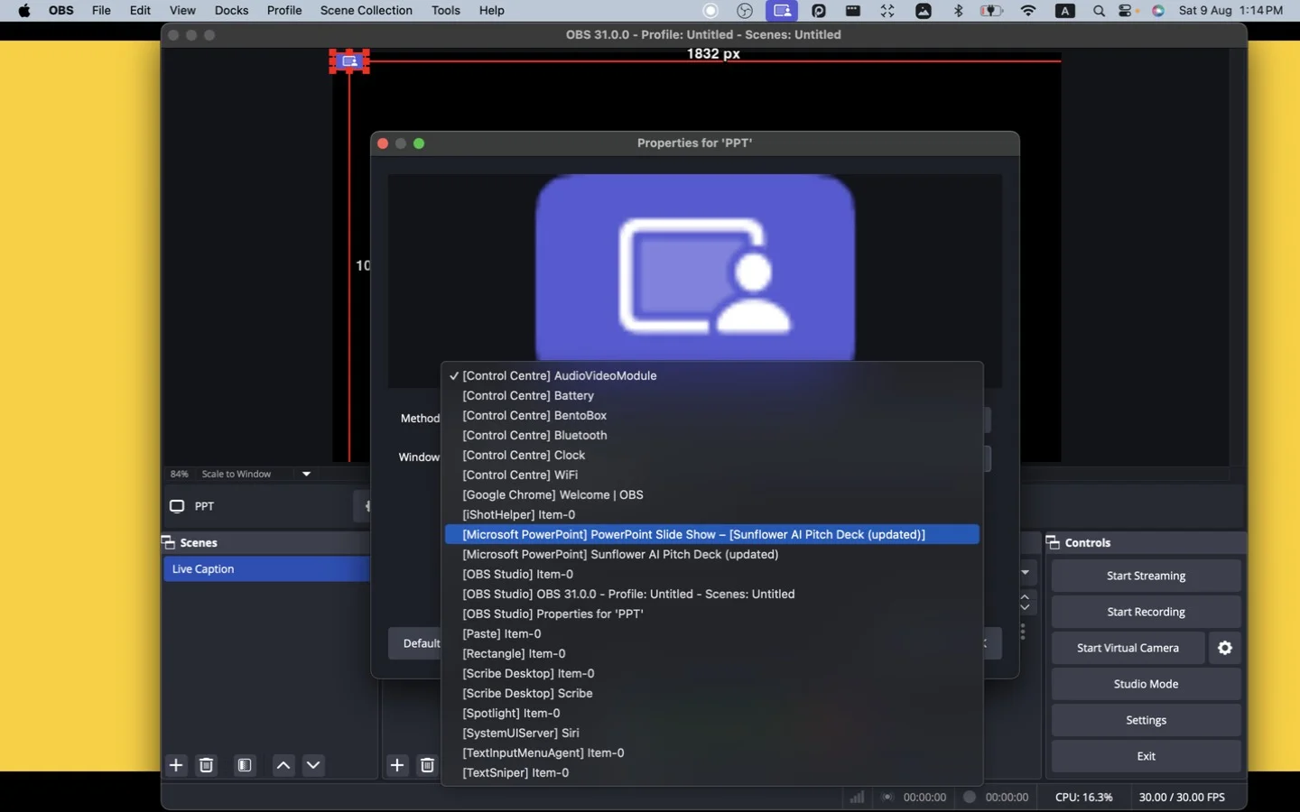 Picking the PowerPoint slide-show window from the list