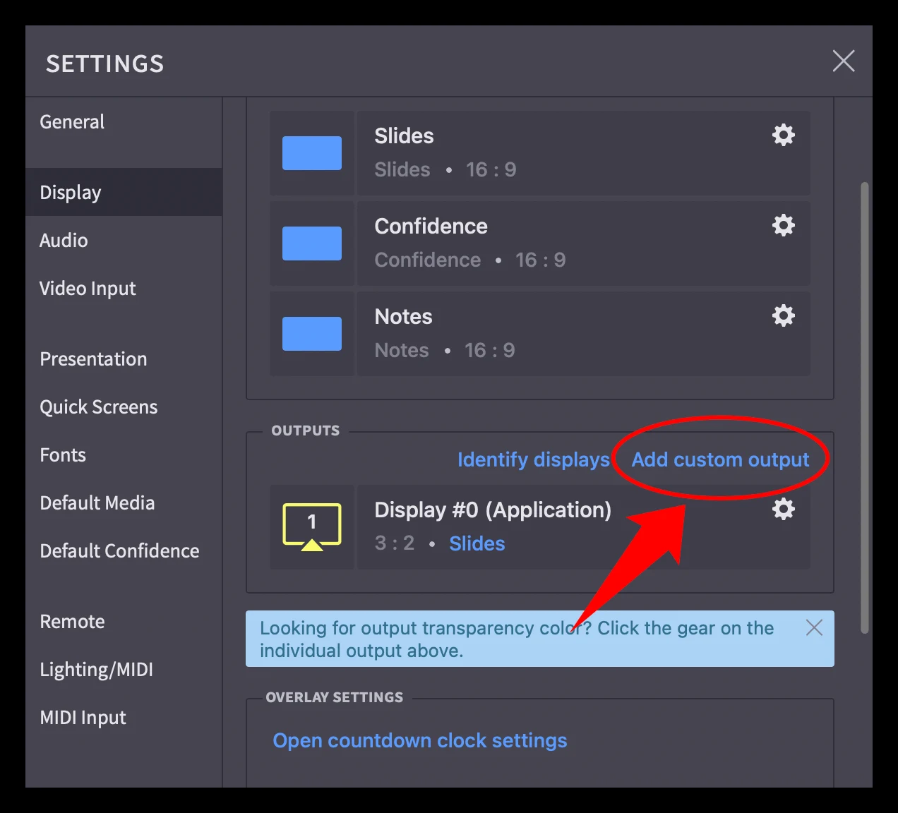 Adding a custom output in Proclaim's display settings