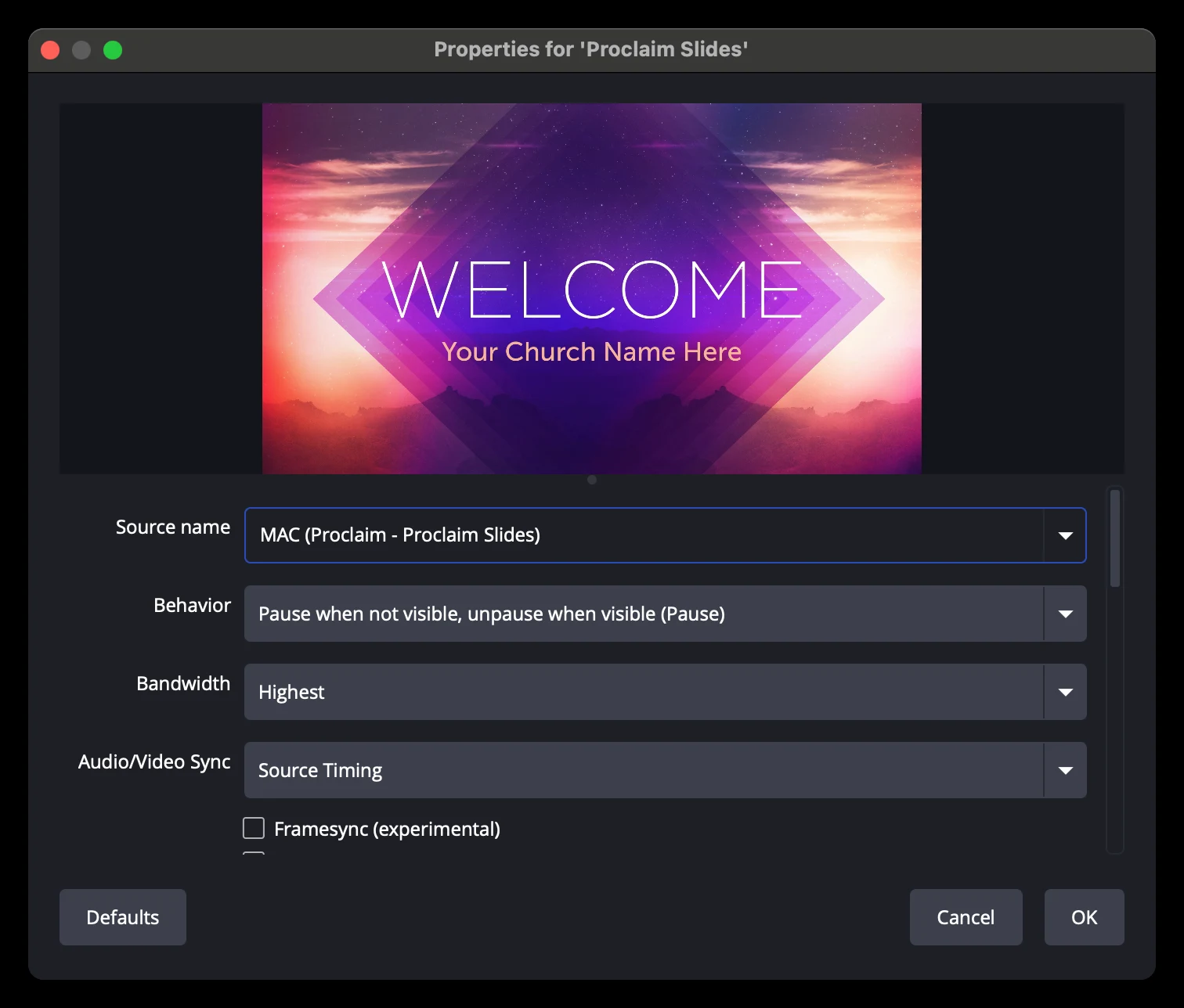 Selecting the Proclaim NDI source from the dropdown in OBS