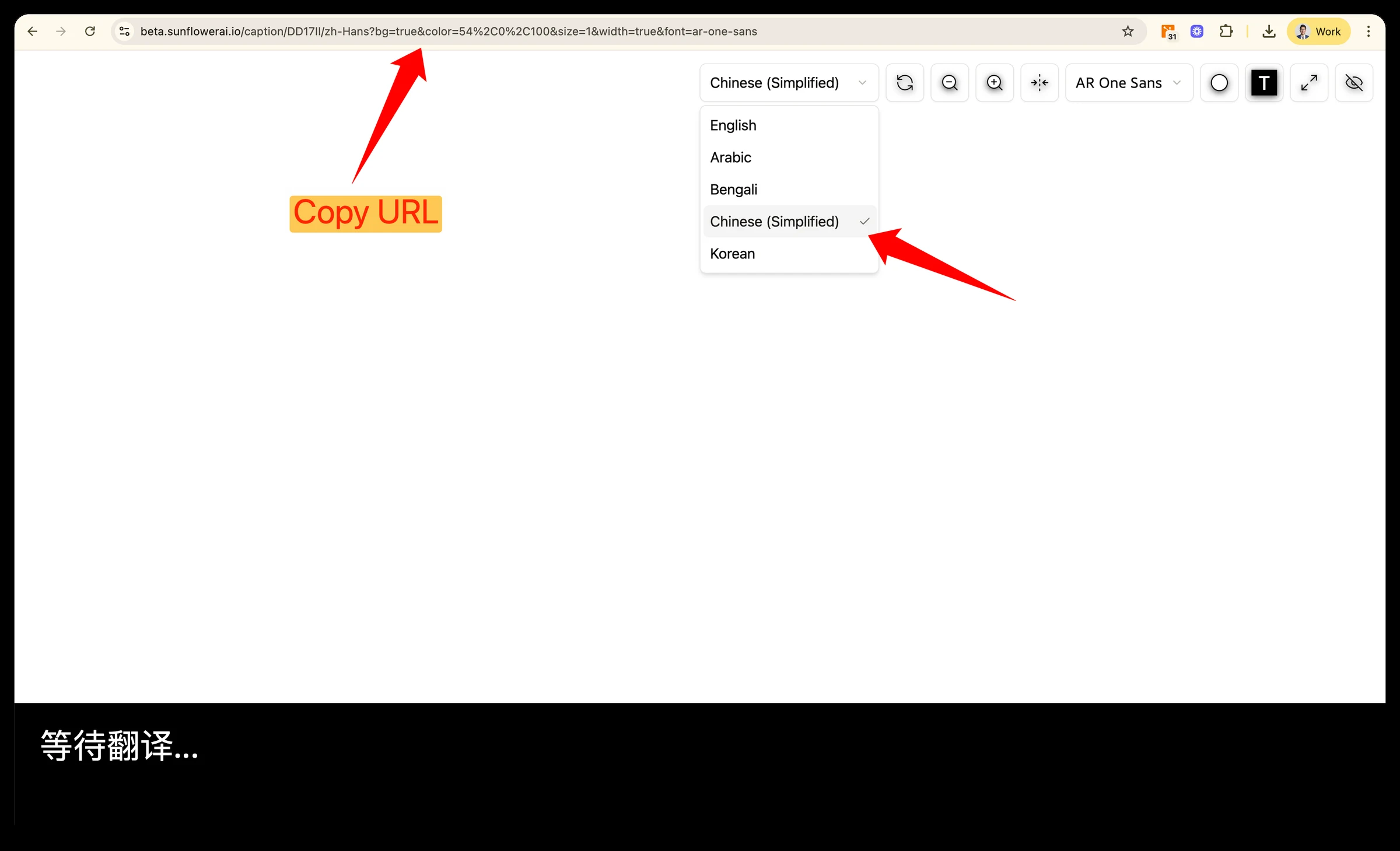 Selecting the caption language and copying the URL