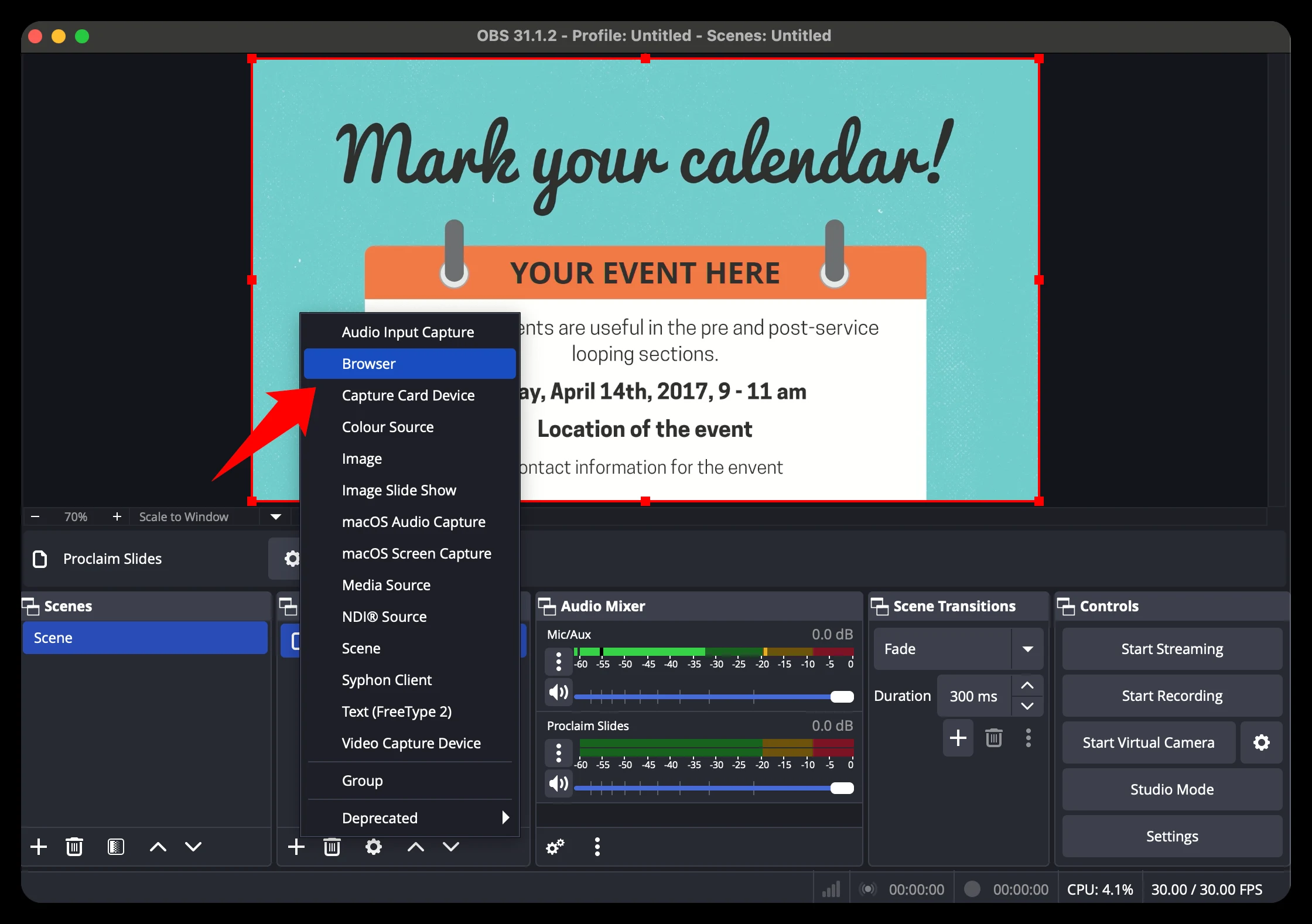 Adding a Browser source in OBS