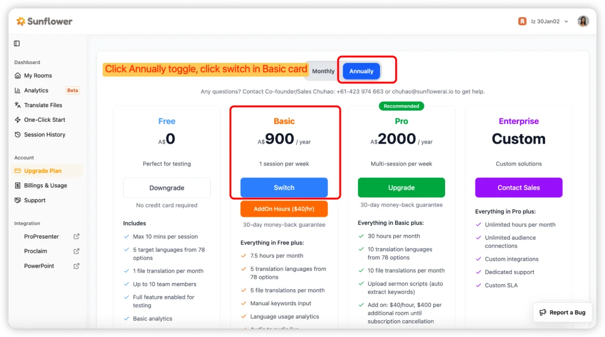 Selecting Annual billing and clicking Switch on the Basic plan card