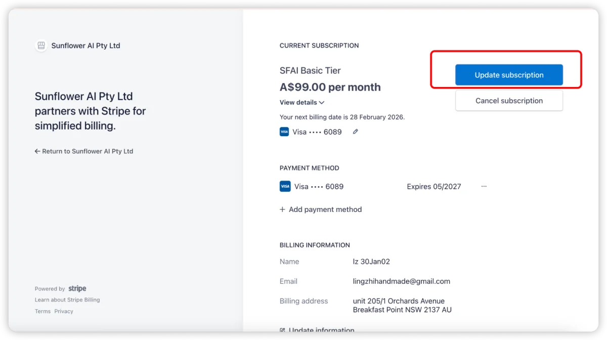 The Upgrade Subscription button on the plan change flow