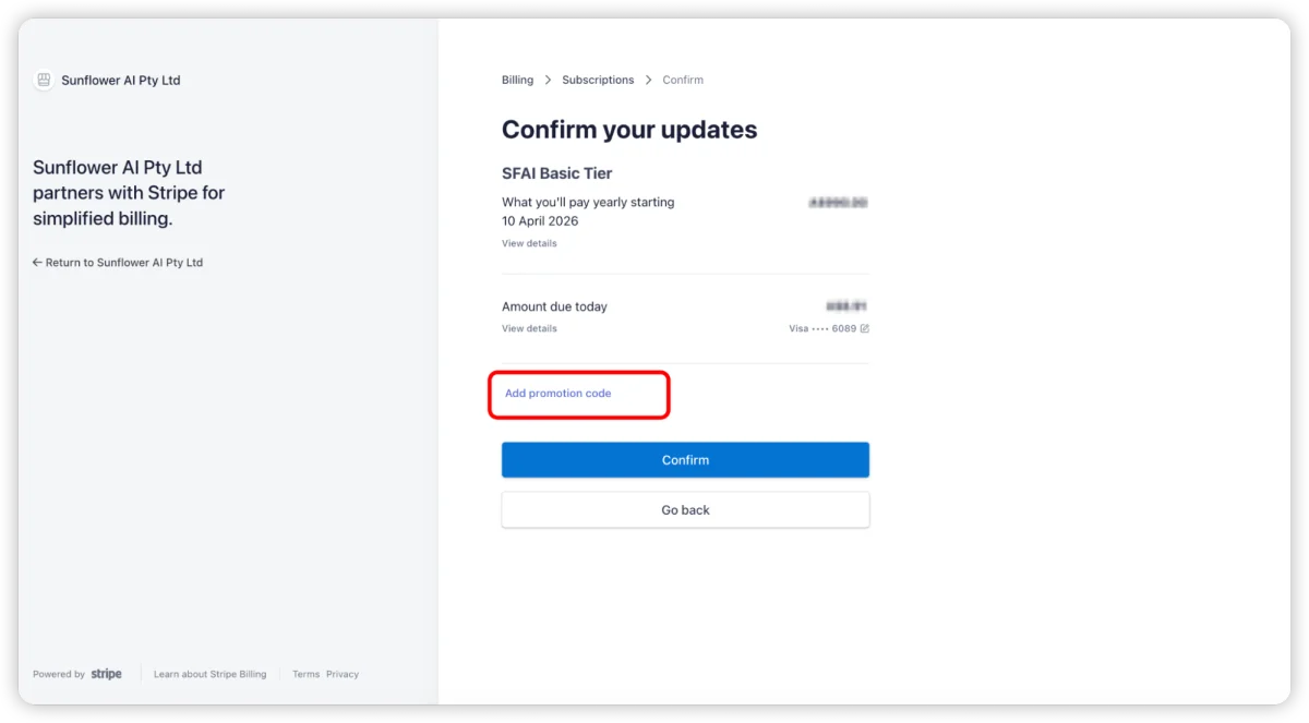 Coupon code field on the subscription checkout screen